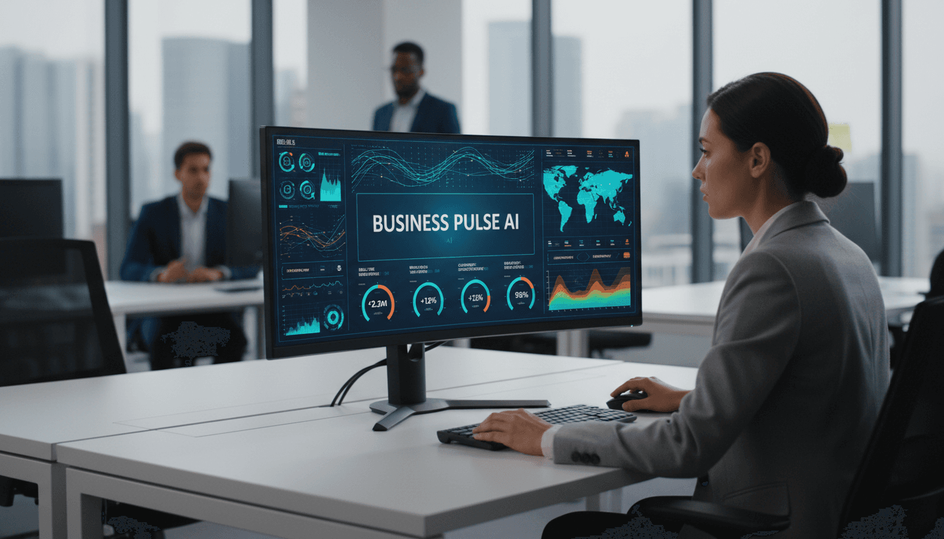 Business owner reviewing AI-powered analytics dashboard with growth metrics