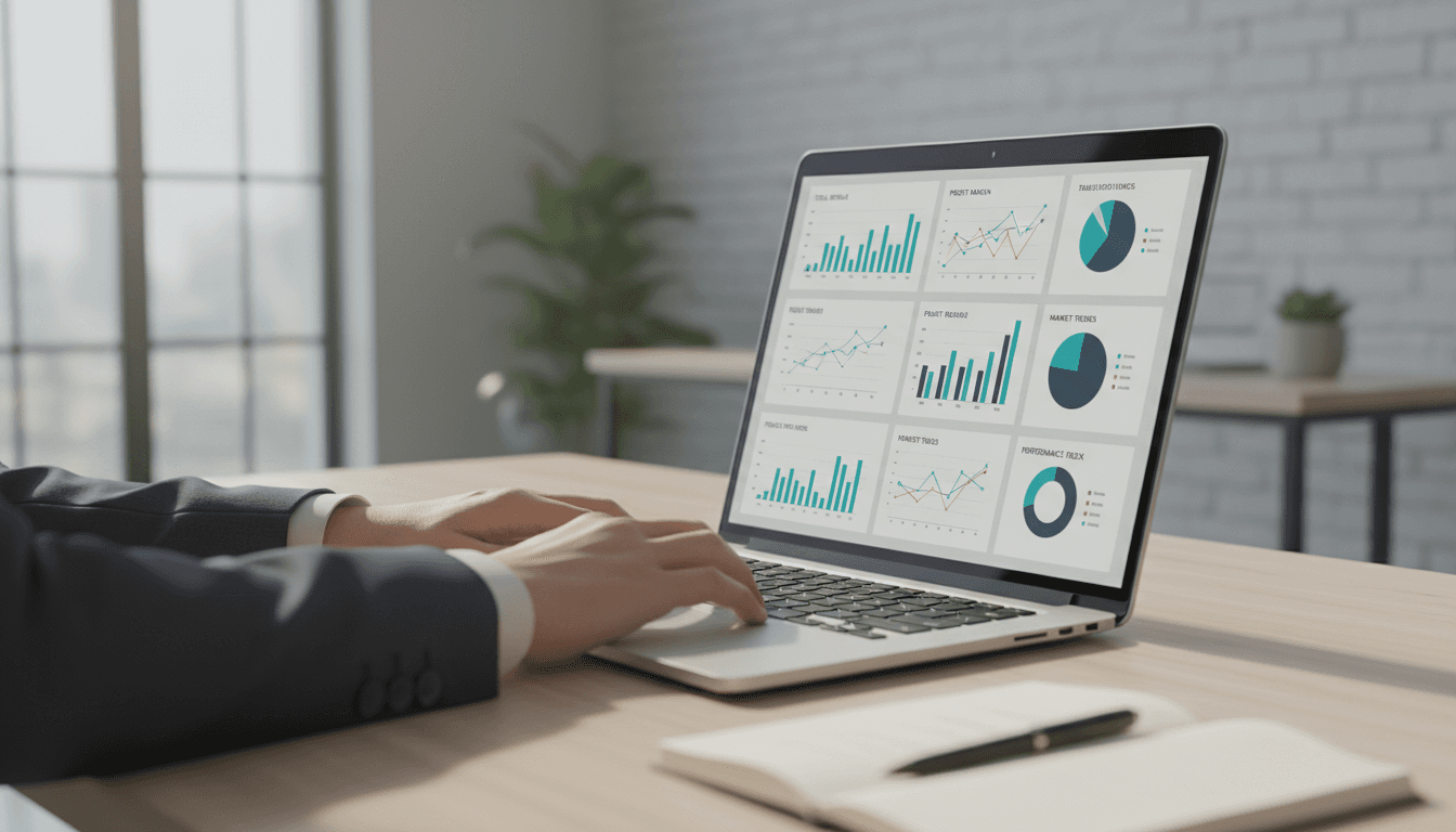 Professional reviewing AI-powered business analytics dashboard with real-time metrics and automation workflows