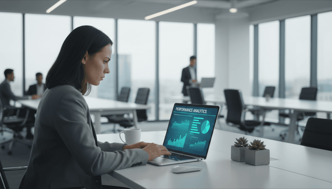 Business professional reviewing digital infrastructure dashboard on laptop