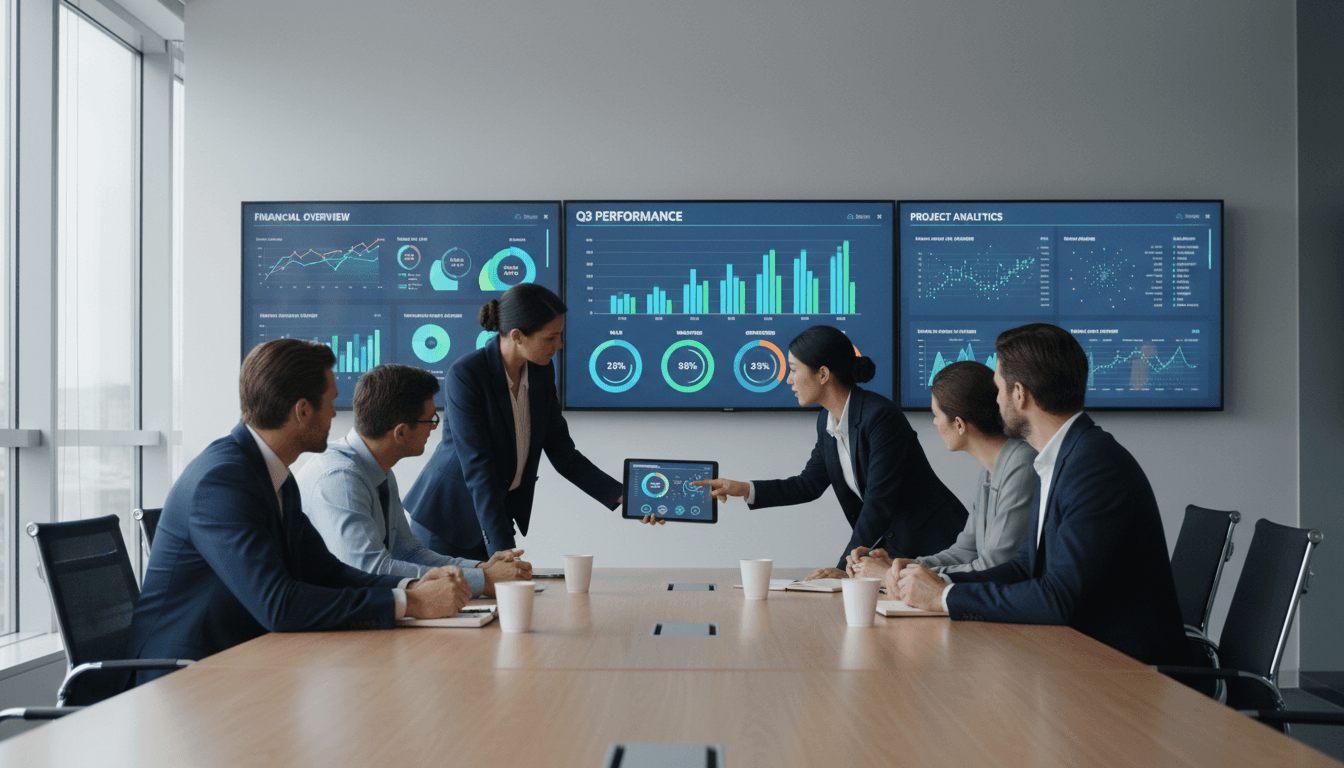 Digital infrastructure and analytics dashboard in modern office setting